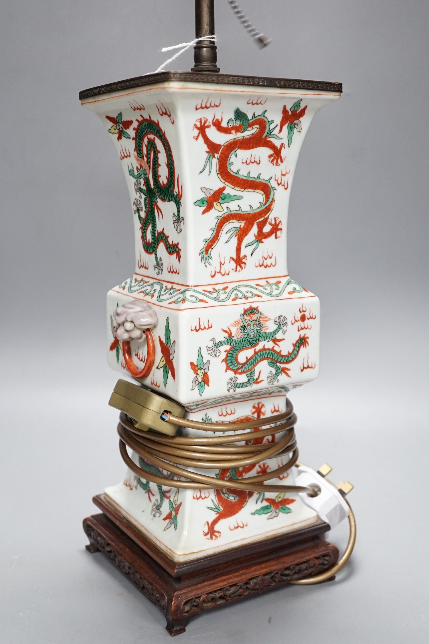 A Chinese porcelain ‘dragon’ vase lamp, Total height including fittings 65 cm